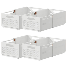 優雅藤編設計抽拉疊加收納盒 大款, 4個, 白色
