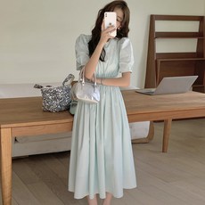 URBANLINE Taniz 女款 Ramte 可愛鬆緊縮褶泡泡袖棉質短袖長版連身裙, 薄荷綠