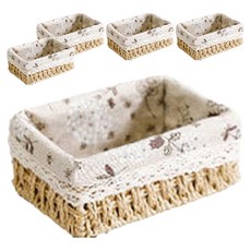 내츄럴 수공예 직사각 수납 린넨 라탄바구니, 혼합색상, 5개