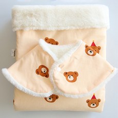 Dodoya 嬰幼兒用 快樂熊熊日 斗篷毯 10mm + 奶油色圍兜領巾組合, 混合色