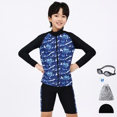 AQUATICA 男童款衝浪長袖拉鍊上衣+泳褲+泳帽+泳鏡+耳塞+收納袋組合 AQA371