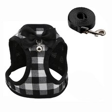 利金斯 貓用蝴蝶結鈴鐺格紋胸背帶組, 黑色