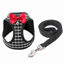 Regence 寵物貓蝴蝶結鈴鐺格紋胸背帶 + 牽繩 145cm, 薄款黑色
