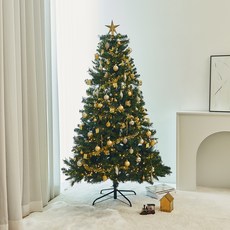 크리스마스 무장식 트리 + 오너먼트 트리장식 100p + LED 줄조명 300구 + 리모콘 세트, 그린(트리), 샴페인골드(오너먼트), 웜 화이트(조명)