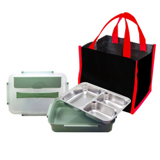 SUNB.W 秦博士 304不鏽鋼五格餐盤 + 方形提袋 A096 300g, 銀色 + 綠色, 1組