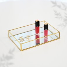 Ju and Ji 邊框方形玻璃鏡面託盤 化妝品整理收納盒, 1個, 金色