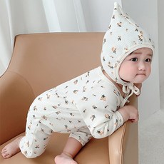 JOY MULTI 孩童華夫格花朵印花長袖鈕扣連身衣+帽子套裝