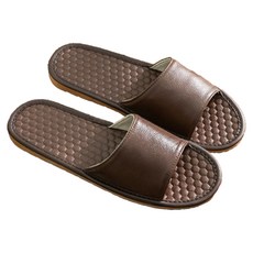 真皮頭層牛皮蜂巢紋防滑室內拖 氣墊 防滑PVC底, 咖啡色, 1雙