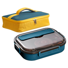 Mega 莫蘭迪新色 304不鏽鋼五格便當盒, 便當盒藍色 + 便當袋黃藍色, 1組