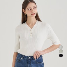 afinar V領3釦5分袖羅紋針織T恤