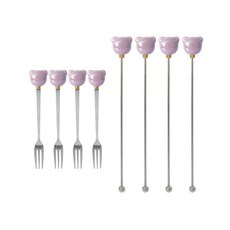 라임올리브 곰돌이 펄 티포크 4p + 머들러 4p 세트, 퍼플, 1세트