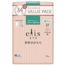 elleair 艾黎艾爾 elis 愛麗思 裸肌極緞棉輕薄衛生棉 特別多量日用 護翼型, 27cm, 34片, 1包