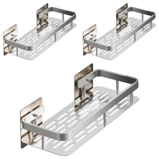 喵汪森林 太空鋁長方置物架02. 免釘安裝 浴室廚房收納好幫手, 銀, 3入