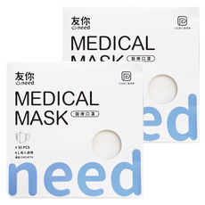 台灣康匠 Uneed 友你 醫療口罩 成人 3D寬耳, 50片, 2盒, 雲朵白