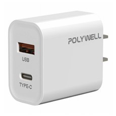 POLYWELL 寶利威爾 雙孔PD充電頭 20W Type-A + Type-C, 白色, 1個