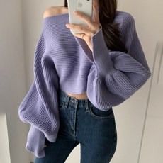 ViVEMO 女款 船型領 氣球袖 針織 短版 T恤 00362