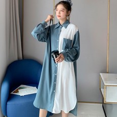 孕婦雙色長袖襯衫連身裙