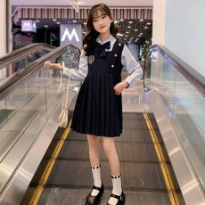 女童蝴蝶領帶鈕扣設計假兩件襯衫連身裙