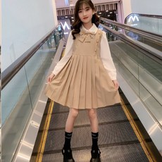女童蝴蝶領帶鈕扣設計假兩件襯衫連身裙