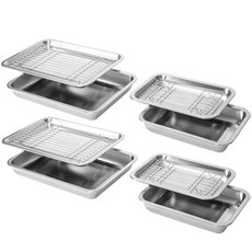 4BNK 無研磨劑廚房用方形全不鏽鋼調理盤 2種 x 2入組, 1套, 調理盤 小 2P + 調理盤 大 2P + 網架 + 托盤