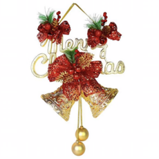 摩達客 精緻聖誕快樂英文字牌雙鐘吊飾 12吋, 紅金色, 1件