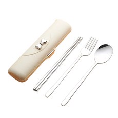 couselect 蝴蝶結304不鏽鋼便攜餐具3件組, 1組, 筷子 + 勺子 + 叉子, 奶油白