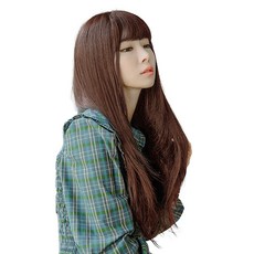 GabalNara 女性用記憶塑型真髮齊瀏海假髮, 自然棕色, 1個