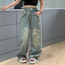 Orenjidamom 女童蝴蝶結鬆緊帶破洞牛仔褲