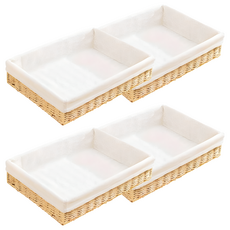 自然風手工扁平長方形藤編籃 + 亞麻布套組, 米色, 4套