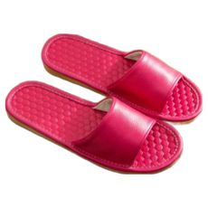 頭層牛皮蜂巢紋防滑室內拖 亞麻腳踩 TPR橡膠鞋底, 玫紅色, 1雙