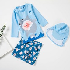 愛北鼻 男童長袖防曬泳衣 連帽螃蟹 6碼 長袖上衣+泳褲 1入, 螃蟹鯊魚 藍色