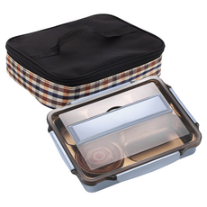 Mega 北歐304不鏽鋼分格便當盒組 加大款, 藍色, 便當盒 + 餐具 + 湯碗 + 便當袋, 1組