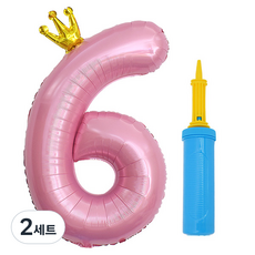 joyparty 鋁箔皇冠數字氣球 大 6 + 手動打氣筒組, 2套, 粉紅色(氣球), 藍色(手動打氣筒)
