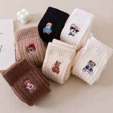 WODEMI 女款厚實羅紋棉質小熊刺繡中筒襪6雙組 W851