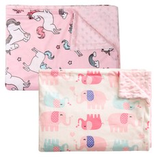 Hanee 雙層超細纖維毯2件組, 粉色大象款+粉色獨角獸款