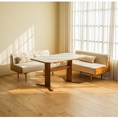 레트로하우스 오아르 세라믹 리빙다이닝 원목 코너형 1400 식탁 + 1400 패브릭 소파 + 1250 패브릭 소파 + 쿠션 3p 세트 4인용 방문설치, 식탁(월넛 + 코타베이지) + 소파(월넛 + 오트밀멜란지)