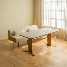 레트로하우스 오아르 세라믹 리빙다이닝 원목 1800 식탁 + 1800 가죽 소파 + 쿠션 2p 세트 6인용 방문설치, 식탁(월넛 + 클라우드화이트) +소파(월넛 + 크림베이지)