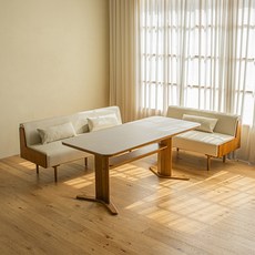 레트로하우스 오아르 세라믹 리빙다이닝 원목 코너형 1800 식탁 + 1800 가죽 소파 + 1250 가죽 소파 + 쿠션 3p 세트 6인용 방문설치, 식탁(월넛 + 코타베이지) + 소파(월넛 + 크림베이지)