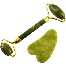 玉石心形刮痧板+雙頭按摩滾輪, 1套, 混合顏色