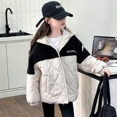 Orenjidamom 女童肩部羊羔絨下擺絎縫連帽外套