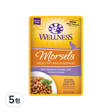 WELLNESS 寵物健康 全方位鮮肉貓主食餐包 肉塊, 雞肉+雞肝, 3oz, 5包