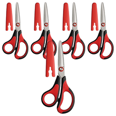 SONiC 曲線學生安全剪刀, 對稱手柄, 好握不費力, 裁切乾脆利落, 操作方便, 輕巧方便攜帶, 15x7x1cm, 紅色, 日本製造, 5支