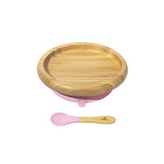 Avanchy 有機竹製吸盤式圓盤 無分隔盤 防滑設計, 粉色, 1組