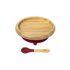 Avanchy 有機竹製吸盤式圓盤套裝組 矽膠湯匙, 深紅, 1組