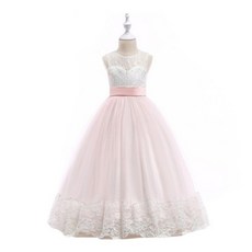 愛貝比 女童禮服 拼接粉色刺繡蕾絲緞帶長裙 兒童表演服裝 100碼, 粉色, 1件