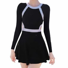 女生挖背泳衣 長袖連體褲裙泳衣套裝, 黑色, 1件