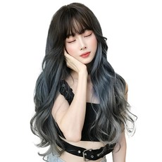 HiYuni 漸層優雅燙長髮長髮全頂假髮 68cm + 假髮網 + 支架套裝, 霧霾藍, 1個