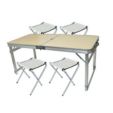FOSO 方管有傘孔鋁合金折疊桌 桌+椅4個,白楓,120 x 60cm, 露營折疊桌, 1組, 120cm