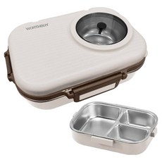 WORTHBUY 304不鏽鋼三格雙層保溫便當盒 附湯碗 + 湯匙 + 筷子 北歐米, 1組