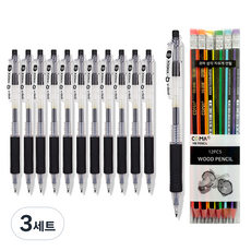 동아 Q노크 스탠다드 펜 0.5mm 12p + 투코비 코마 삼각 지우개 연필 SG-208 12p 세트, 검정, 3세트